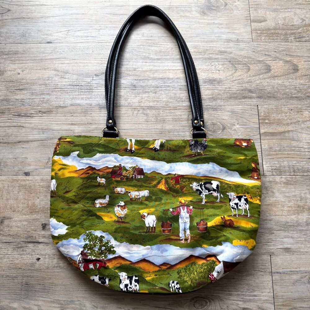 Farm Scene Tote Bag Cottagecore Cow Sheep Country Print Canvas